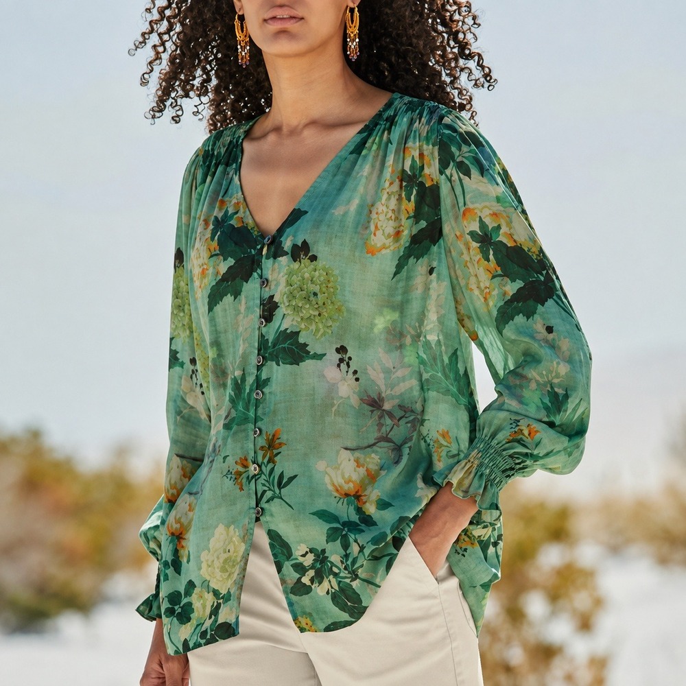 Peruvian Connection Bayeux Floral Blouse Teal Green Botanical Watercolor Small